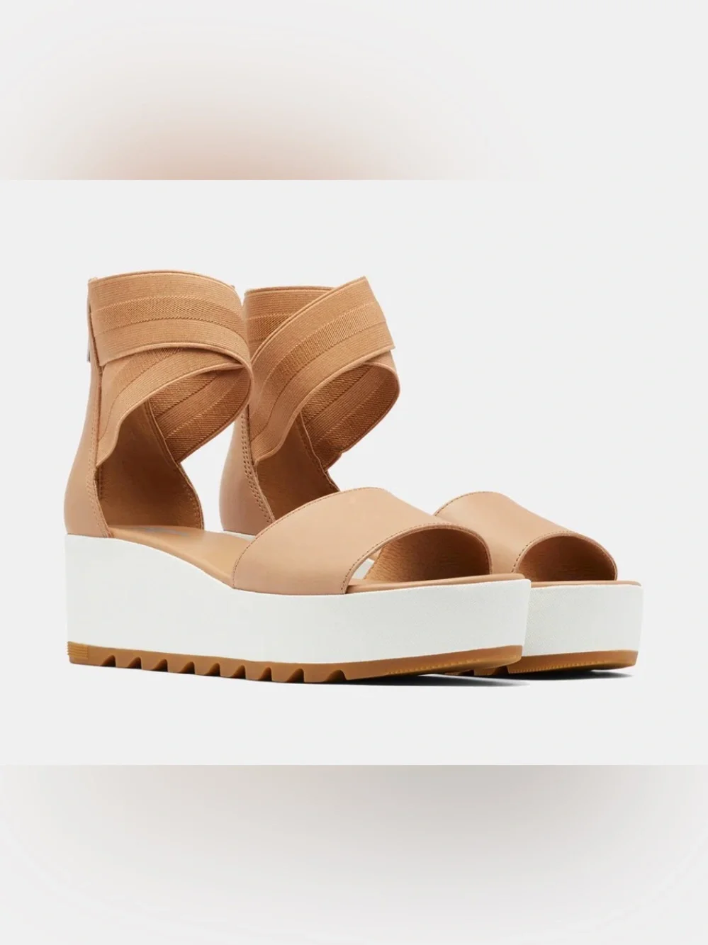 Sorel Cameron Tan Leather Elastic Ankle Strap Platform Wedge Sandal Size 8.5